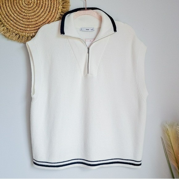 Mango MNG New White Stripe Preppy 1/2 Zip Collar Sweater Vest SZ XXL 90s Preppy - Picture 10 of 10